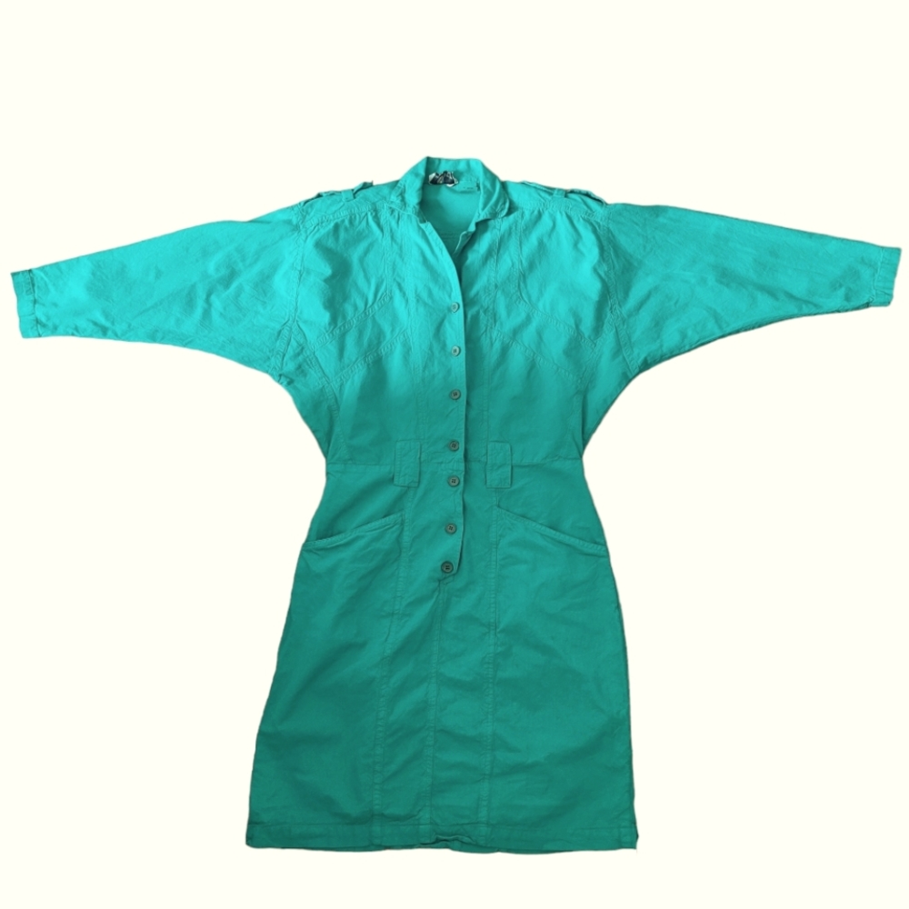 Vintage 80's kelly green button down midi dress Medium